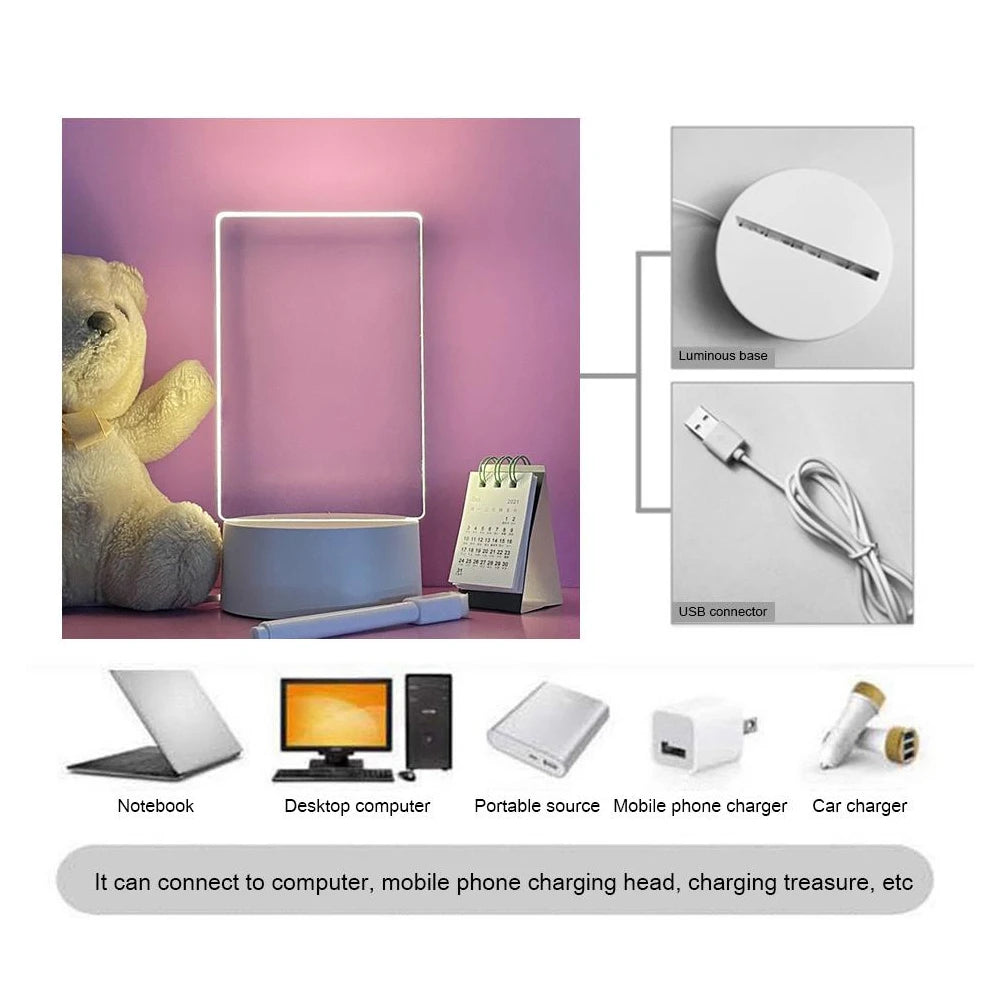 Purilite Select | Transparent LED Message Board Night Light | USB Acrylic Write and Erase Desk Lamp | Warm White Decorative Light