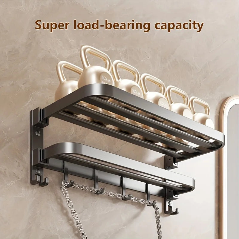 Purilite Select 2-Layer Wall Mounted Towel Rack | Foldable Aluminum Bathroom Rack | Modern Bathroom Organizer | Towel Holder with Hooks | Space-Saving Bathroom Storage