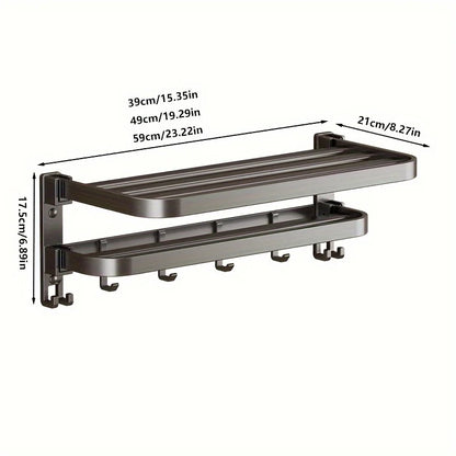 Purilite Select 2-Layer Wall Mounted Towel Rack | Foldable Aluminum Bathroom Rack | Modern Bathroom Organizer | Towel Holder with Hooks | Space-Saving Bathroom Storage