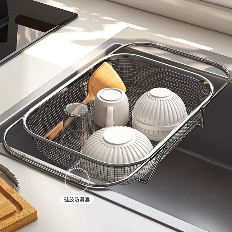 Purilite Select Stainless Steel Kitchen Sink Drainer Basket | Expandable Dish Drying Rack | Dishwasher Drain Board | Vegetable Desktop Organizer