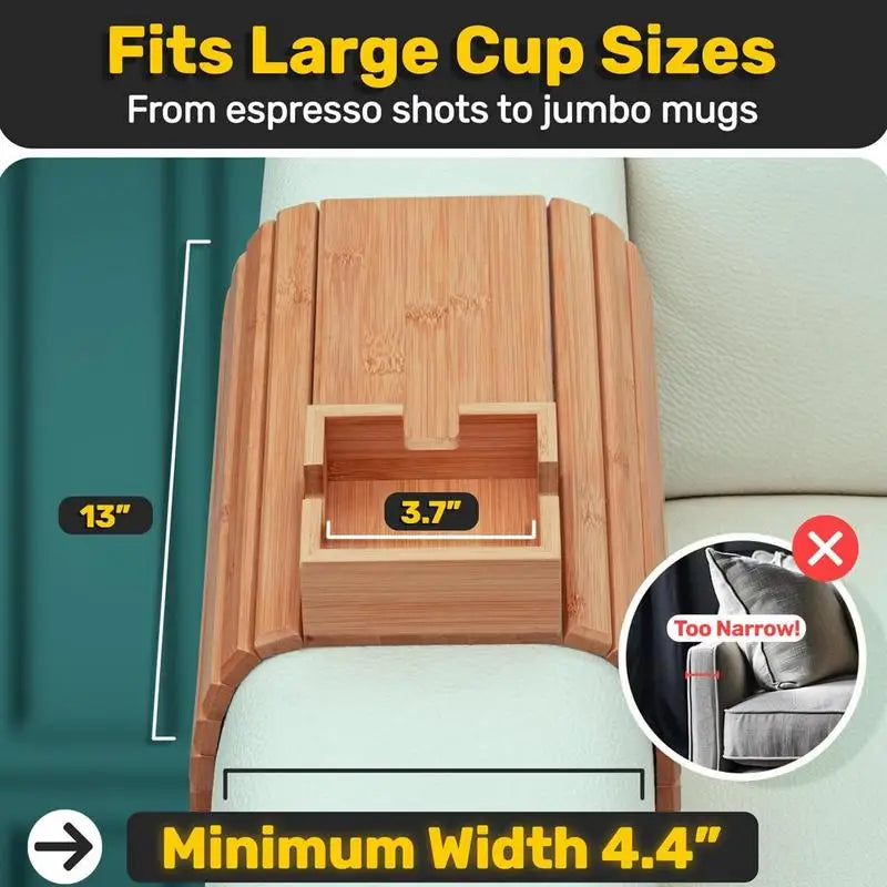 Purilite Select | Wooden Couch Cup Holder & Sofa Armrest Tray | Foldable Anti-Slip Drink & Snack Organizer
