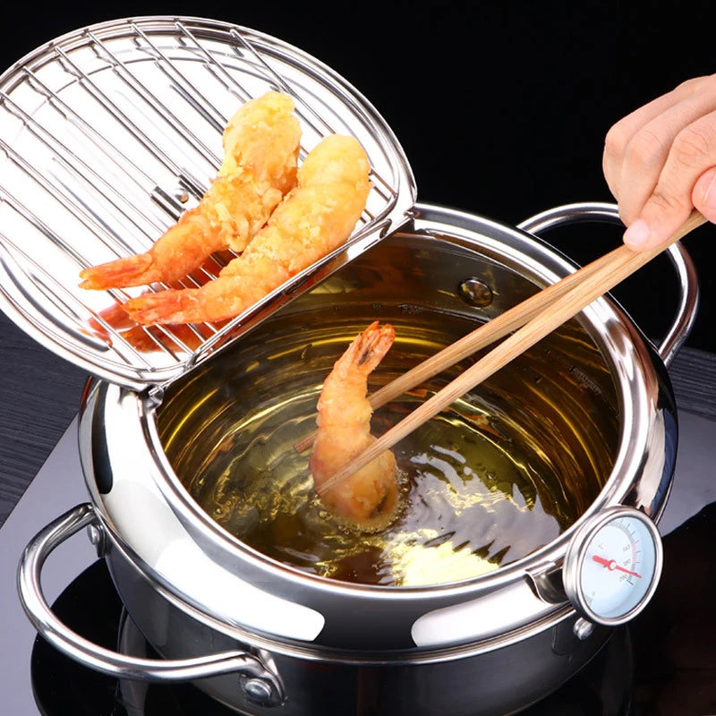 Purilite Select Deep Frying Pot with Thermometer | Stainless Steel Tempura Fryer Pan with Lid | Induction & Gas Compatible