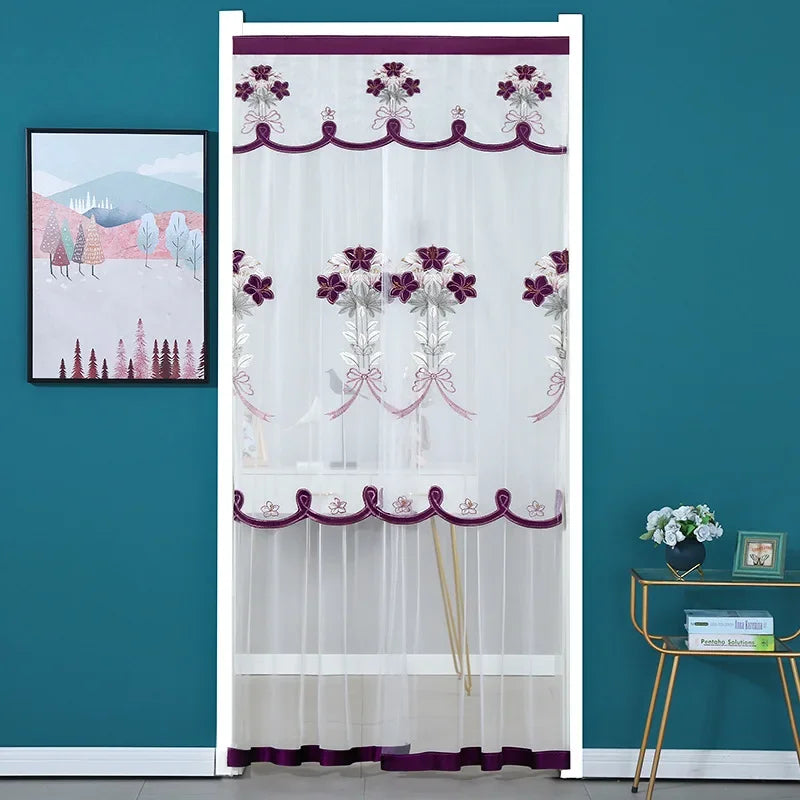 Purilite Select | Punch-Free Mosquito Screen Door Curtain | Double Layer Lace Lily Embroidered Net Curtain