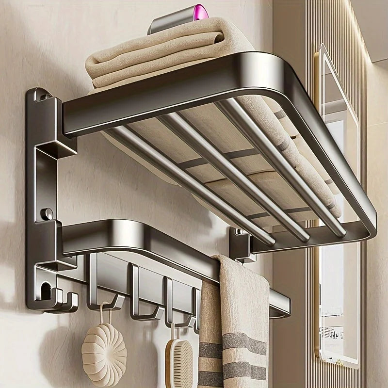 Purilite Select 2-Layer Wall Mounted Towel Rack | Foldable Aluminum Bathroom Rack | Modern Bathroom Organizer | Towel Holder with Hooks | Space-Saving Bathroom Storage