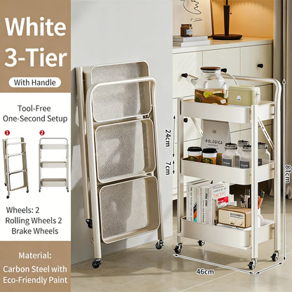 Purilite Select Carbon Steel Foldable 3-Tier Rolling Storage Cart Multi-Layer Floor Stand Organizer with Wheels