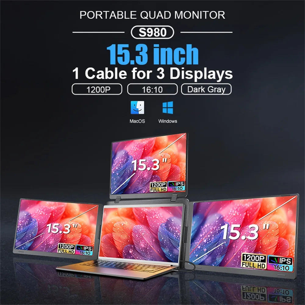Purilite Select 15 Inch Triple Screen Laptop Monitor Extender HD IPS Portable Quad Display