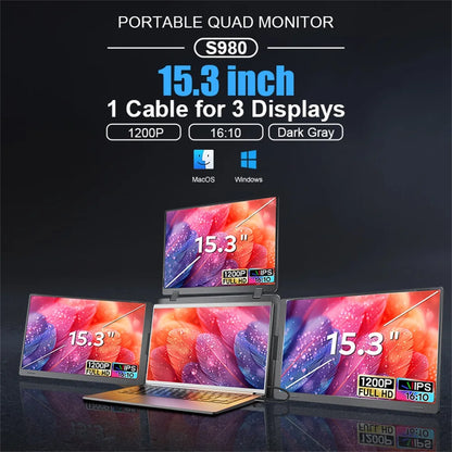 Purilite Select 15 Inch Triple Screen Laptop Monitor Extender HD IPS Portable Quad Display