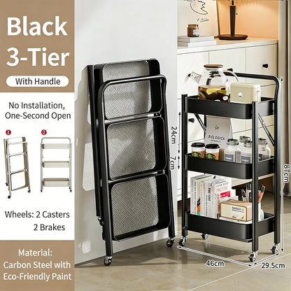 Purilite Select Carbon Steel Foldable 3-Tier Rolling Storage Cart Multi-Layer Floor Stand Organizer with Wheels