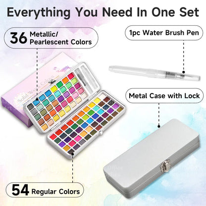 Purilite Select Watercolor Paint Set – 90 Bright Colors with Water Pens for Artists & Hobbyists