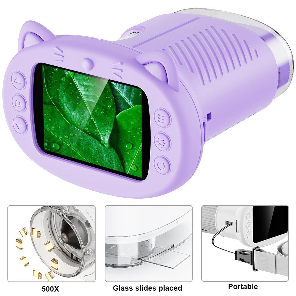 Purilite Select Kids Digital Microscope 500X Handheld Pocket Microscope with 2.4-Inch HD Screen, USB Rechargeable STEM Learning Tool for Boys & Girls
