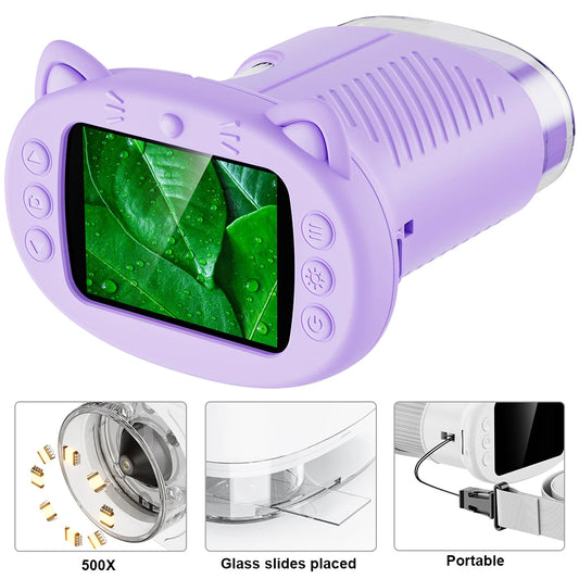Purilite Select Kids Digital Microscope 500X Handheld Pocket Microscope with 2.4-Inch HD Screen, USB Rechargeable STEM Learning Tool for Boys & Girls