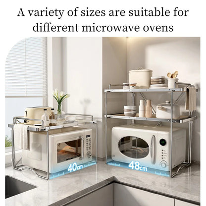 Purilite Select 2 Layer Microwave Oven Storage Rack | Retractable Kitchen Organizer Shelf | Carbon Steel Countertop Stand