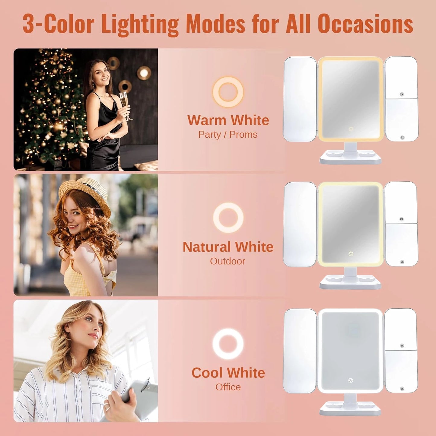 Purilite Select Trifold Makeup Mirror LED Lights | Smart Beauty Light-Up Mirror | Dorm Dressing and Complementary Fill Light