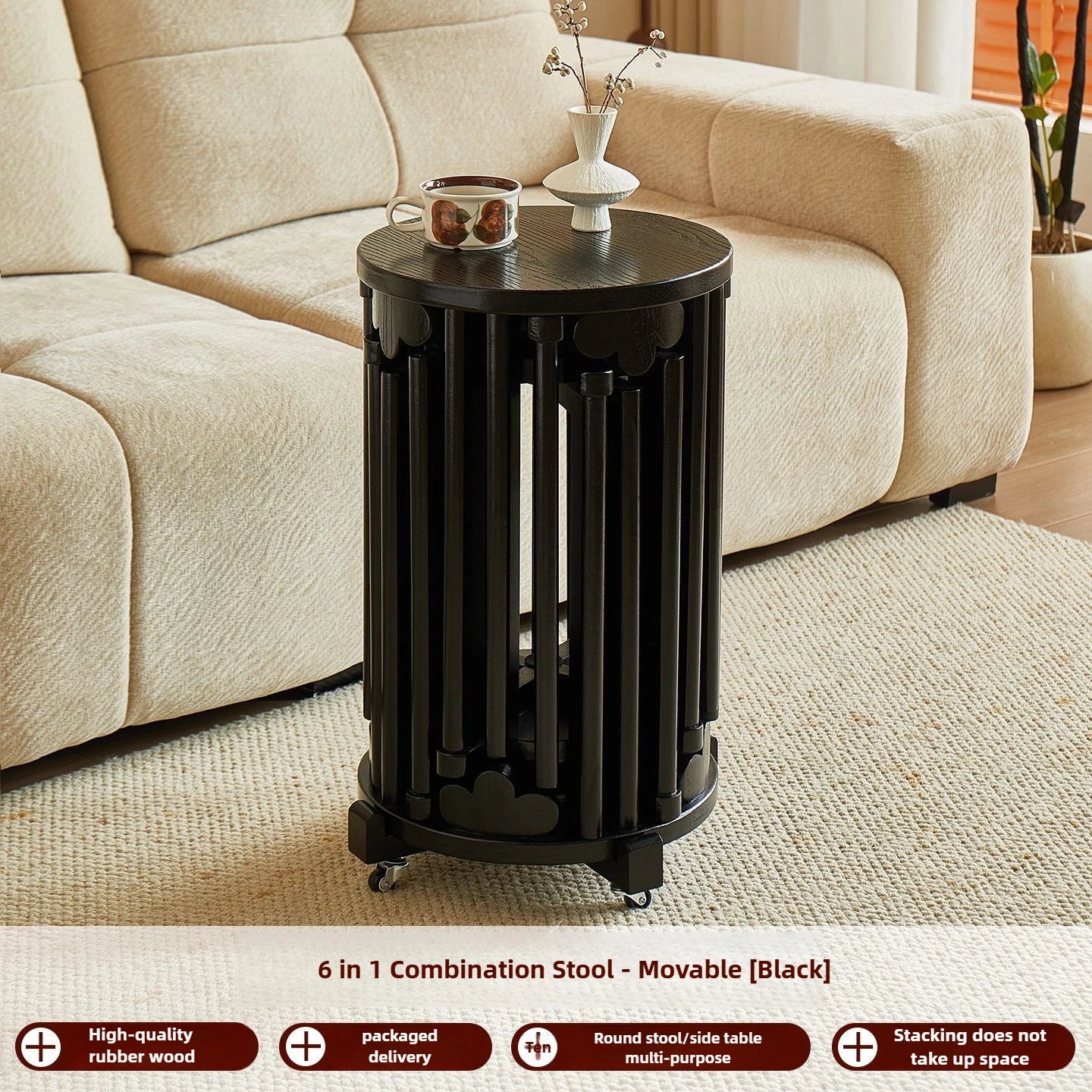 Purilite Select Solid Wood Round Stool | Stackable Dining Table Stool | Living Room Coffee Table Small Chair