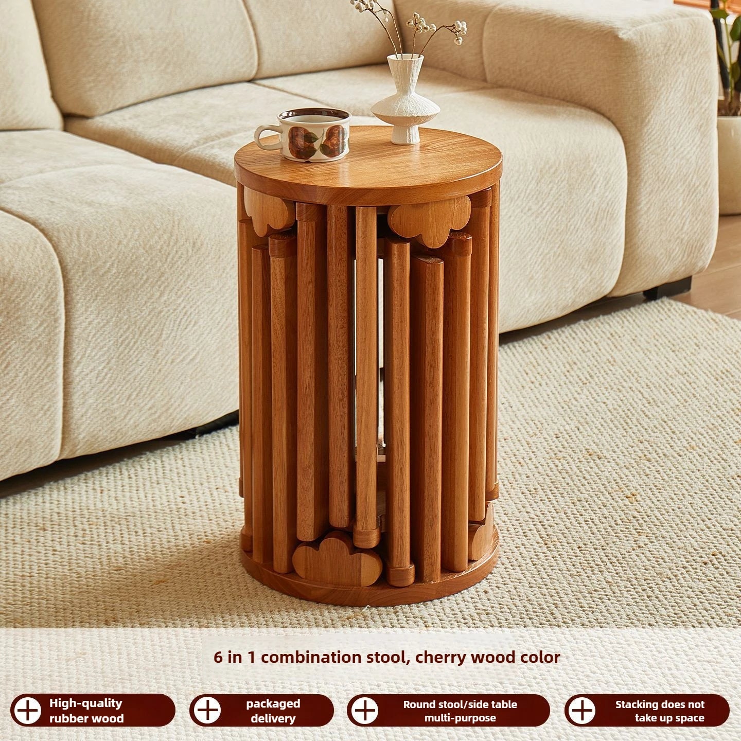 Purilite Select Solid Wood Round Stool | Stackable Dining Table Stool | Living Room Coffee Table Small Chair