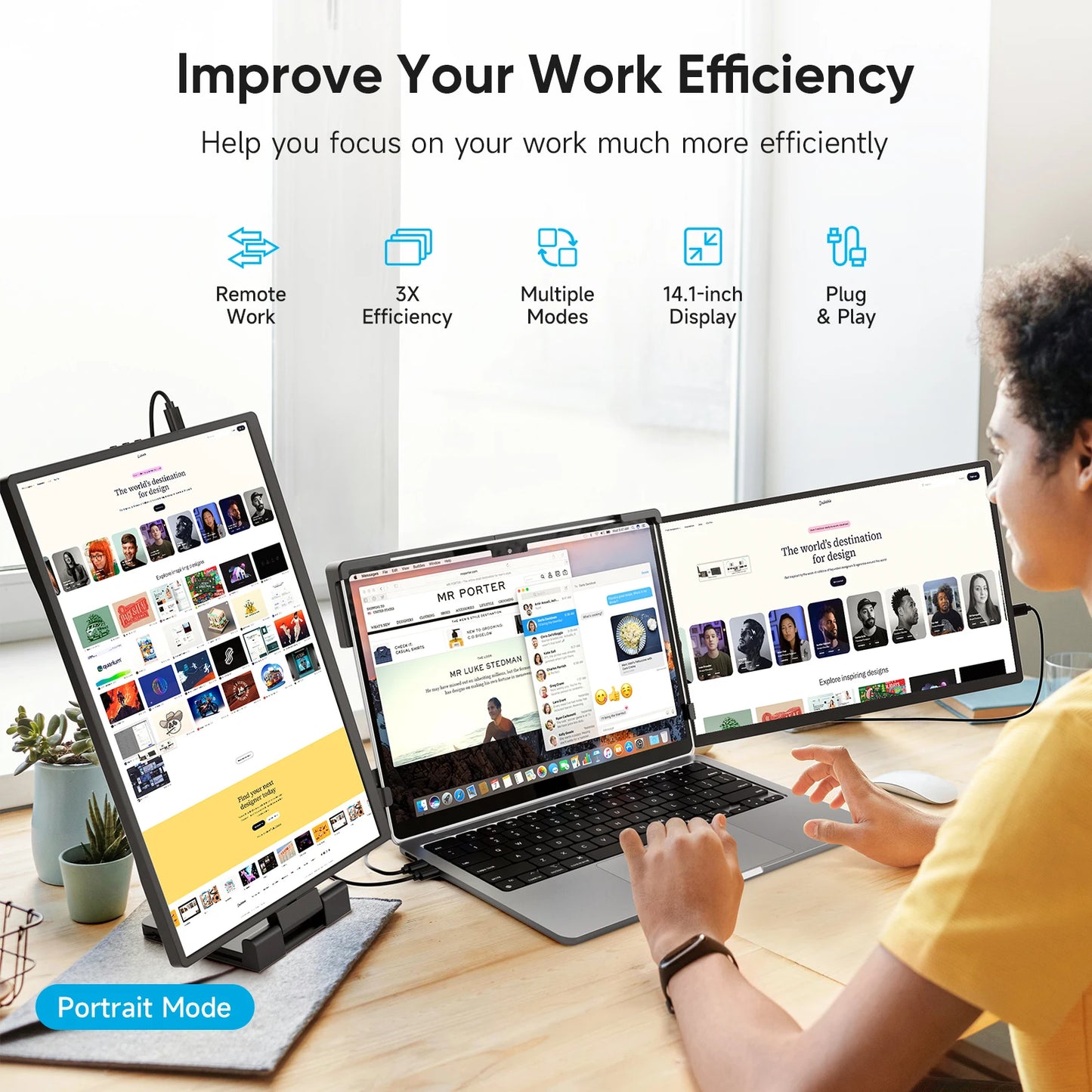 Purilite Select 14.1 Inch Portable Monitor | 1200P FHD IPS Screen | Single or Dual Laptop Screen Extender with Type-C