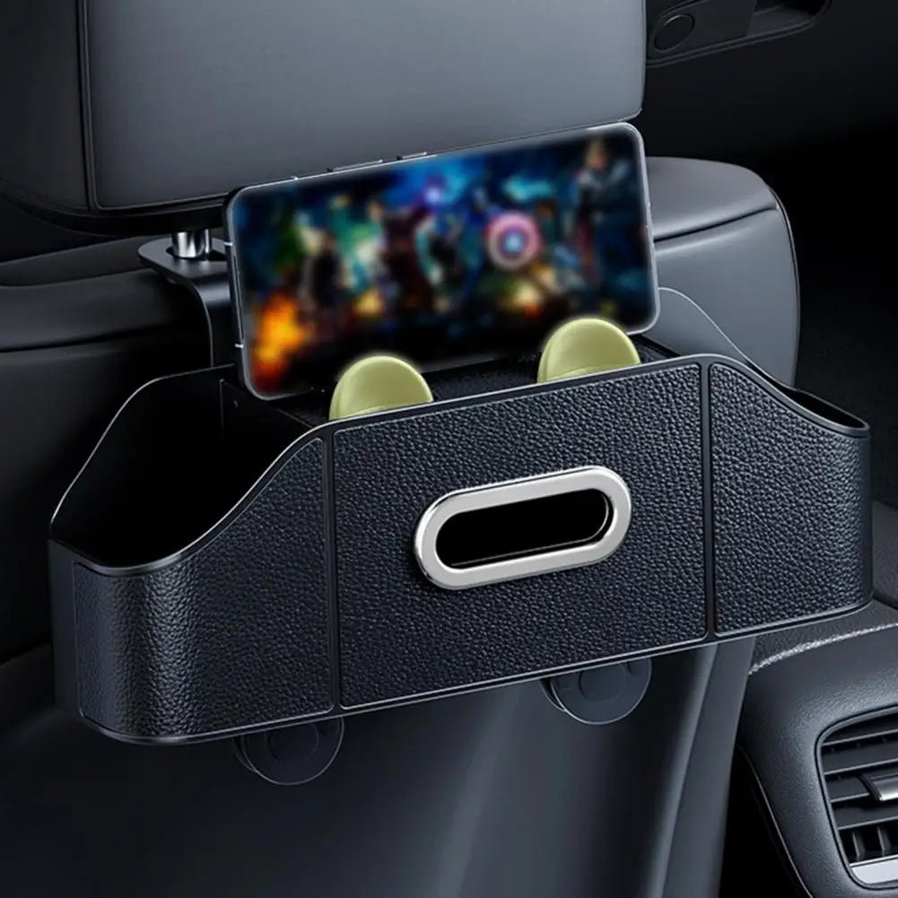 Purilite Select Car Backseat Organizer with Cup Holders | Multifunctional Headrest Hanging Storage Box with Tissue Holder and Accessory Compartments for Vehicle Interior Organization