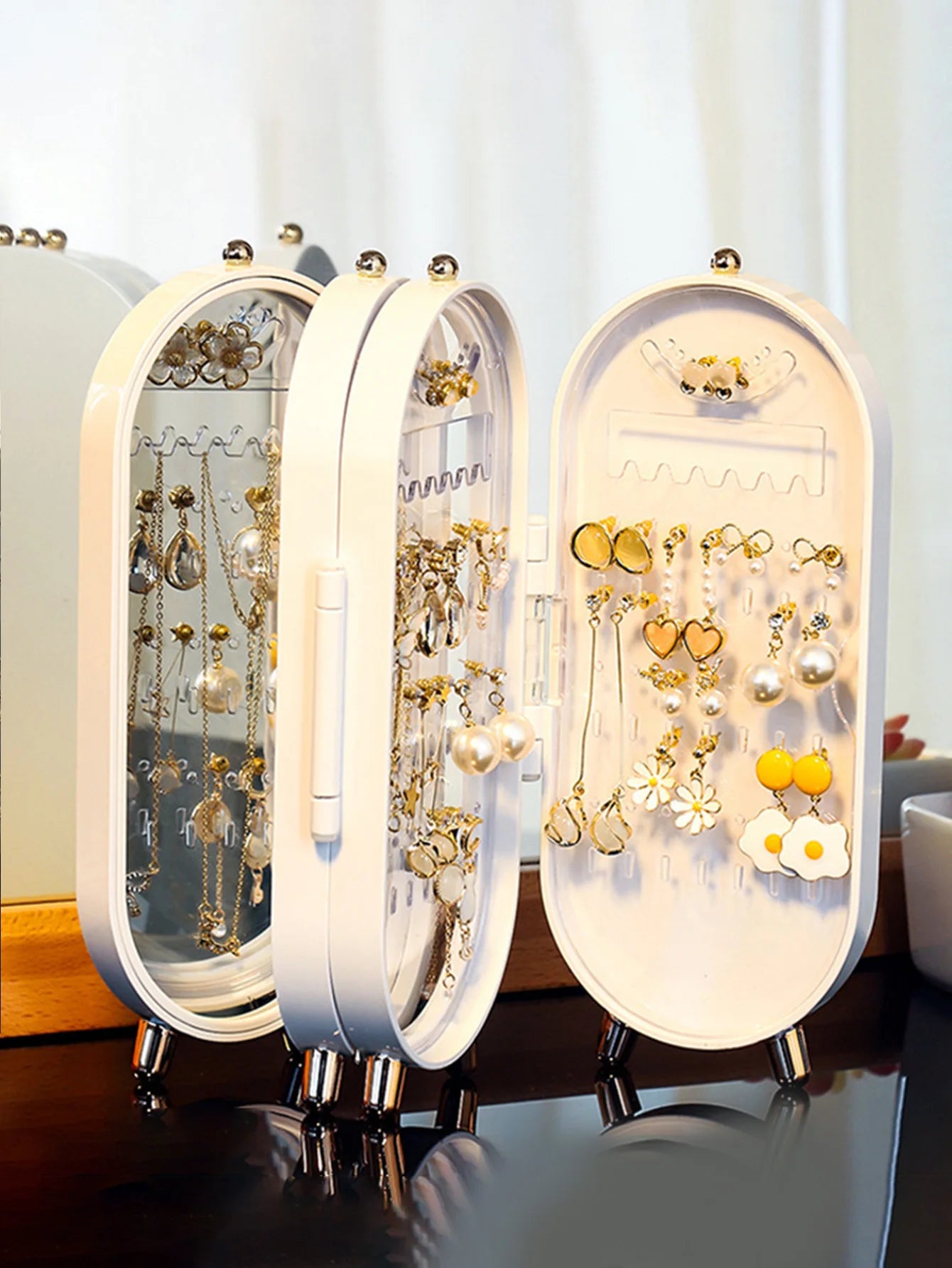 Purilite Select Jewelry Storage Box | Earrings & Necklace Organizer | Household Display Rack | Portable Jewelry Carrying Case | With Mirror