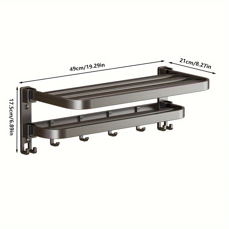Purilite Select 2-Layer Wall Mounted Towel Rack | Foldable Aluminum Bathroom Rack | Modern Bathroom Organizer | Towel Holder with Hooks | Space-Saving Bathroom Storage
