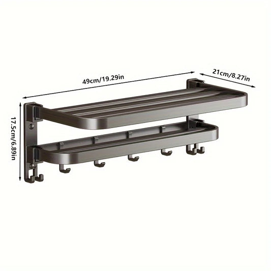 Purilite Select 2-Layer Wall Mounted Towel Rack | Foldable Aluminum Bathroom Rack | Modern Bathroom Organizer | Towel Holder with Hooks | Space-Saving Bathroom Storage