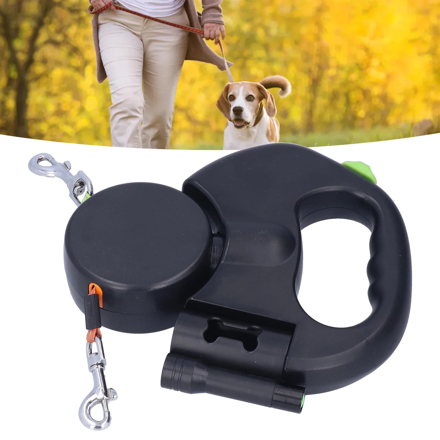 Purilite Select Retractable Double Dog Leash with Flashlight & Bag Dispenser