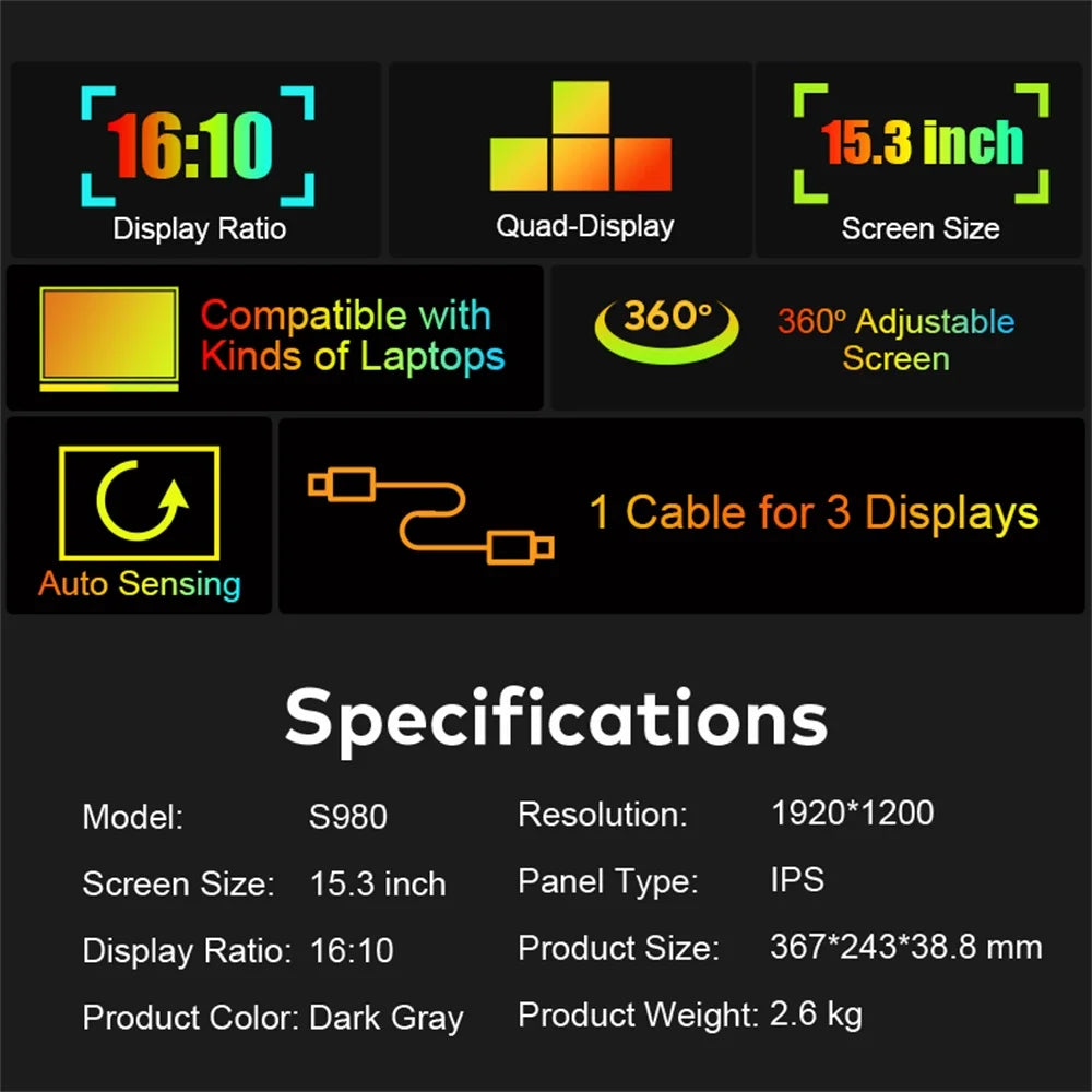 Purilite Select 15 Inch Triple Screen Laptop Monitor Extender HD IPS Portable Quad Display
