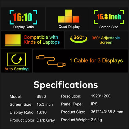 Purilite Select 15 Inch Triple Screen Laptop Monitor Extender HD IPS Portable Quad Display