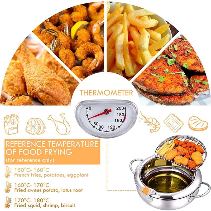 Purilite Select Deep Frying Pot with Thermometer | Stainless Steel Tempura Fryer Pan with Lid | Induction & Gas Compatible