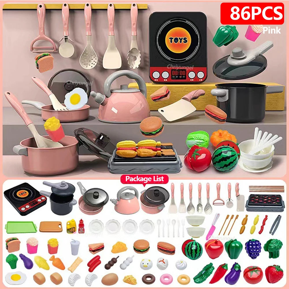 Purilite Select Kids Kitchen Toys Set 92/86/69/59 PCS Pretend Play Kitchen Accessories with Play Pots and Food Cooking Toy Set for Boys and Girls