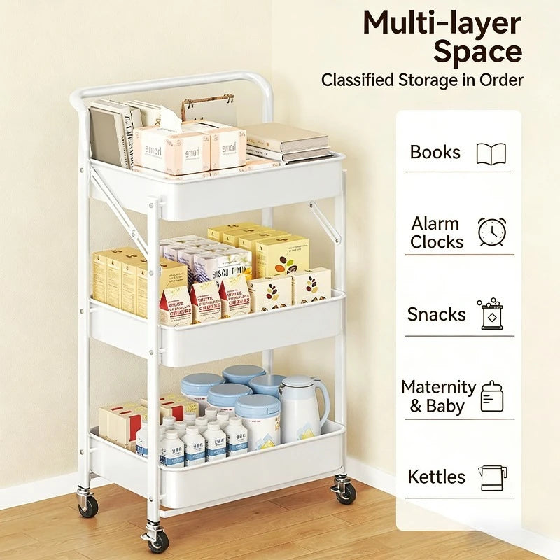 Purilite Select Carbon Steel Foldable 3-Tier Rolling Storage Cart Multi-Layer Floor Stand Organizer with Wheels