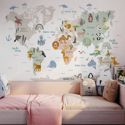 Purilite Select Kids Room Cartoon Animal World Map Wall Sticker