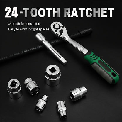 Purilite Select 15-Piece 1/4 Ratchet Wrench Socket Set – Standard 24 Teeth with 100MM Extension Rod for Car Repair & Metalworking