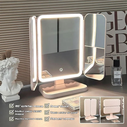 Purilite Select Dual Door 3-Fold Makeup Mirror | LED Touch Control Vanity Mirror | 360° Rotating Desktop Beauty Mirror