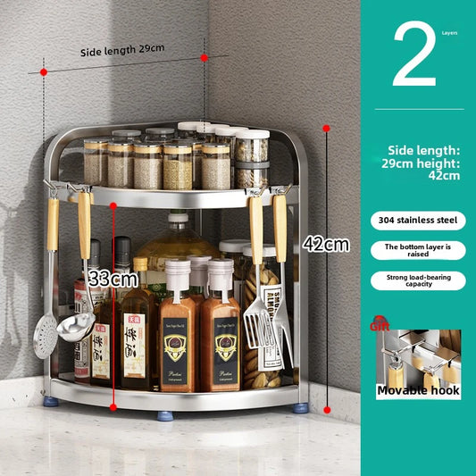 Purilite Select 304 Stainless Steel Kitchen Spice Storage Rack | Multi-Layer Corner Organizer | Chopstick Barrel Knife Holder | Seasoning Bottle & Jar Rack