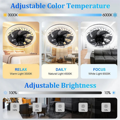 Purilite Select Modern Flush Mount Ceiling Fan with Light | Remote Control | Stepless Color Change | Low Profile Bedroom Fan Light
