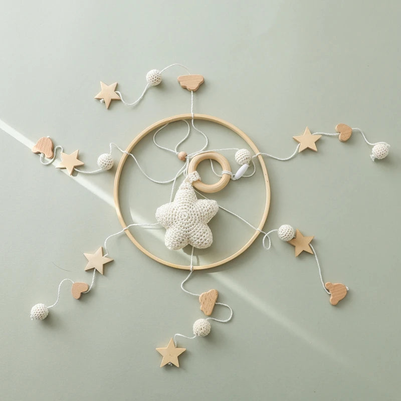 Purilite Select Wooden Baby Crib Mobile | Crochet Star Hanging Bed Bell | Nursery Rattle Decoration | Newborn Comfort Toy