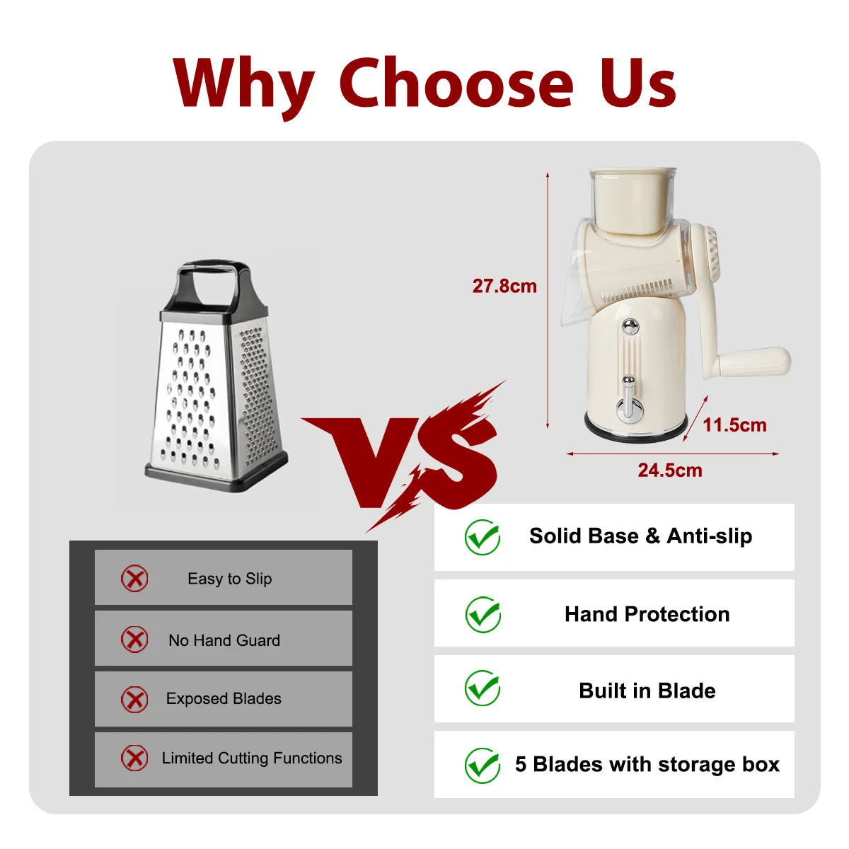 Purilite Select 5-Blade Manual Rotary Vegetable Grater Cheese Nut Cutter Multifunctional Mandolin Slicer