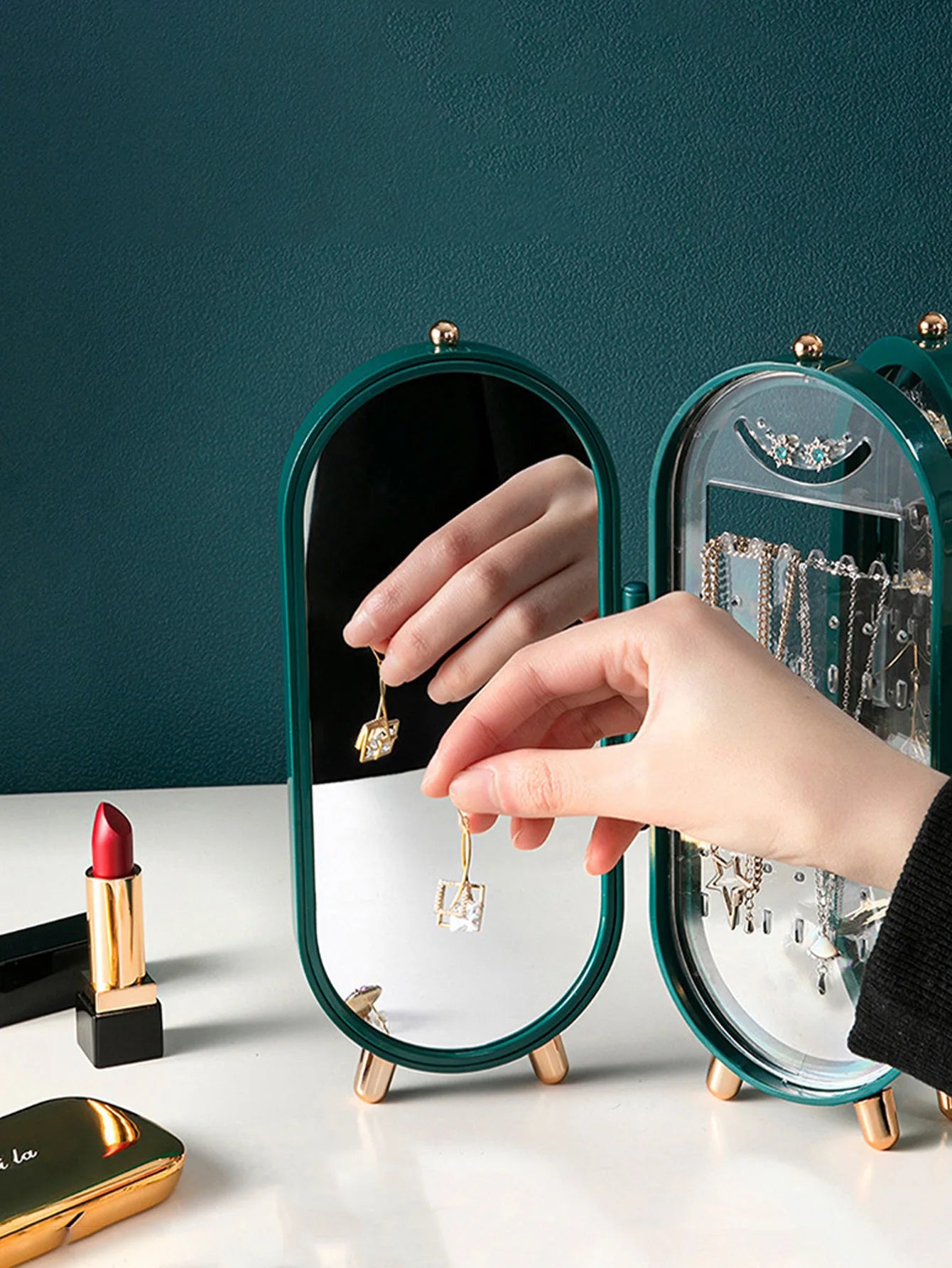 Purilite Select Jewelry Storage Box | Earrings & Necklace Organizer | Household Display Rack | Portable Jewelry Carrying Case | With Mirror