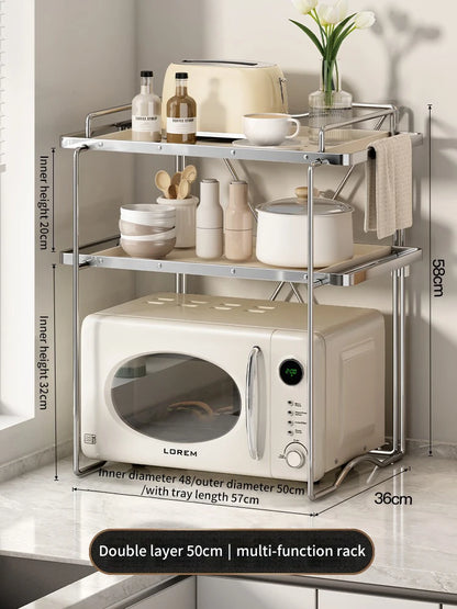 Purilite Select 2 Layer Microwave Oven Storage Rack | Retractable Kitchen Organizer Shelf | Carbon Steel Countertop Stand