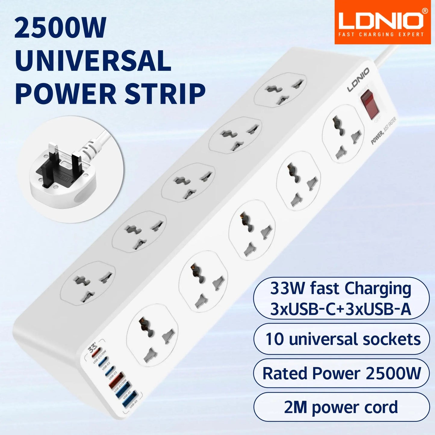 Purilite Select | LDNIO Multi 10-Outlet Power Strip | Universal Socket with USB-C PD & QC Fast Charging | 33W | 2m Extension Cable | Surge Protector