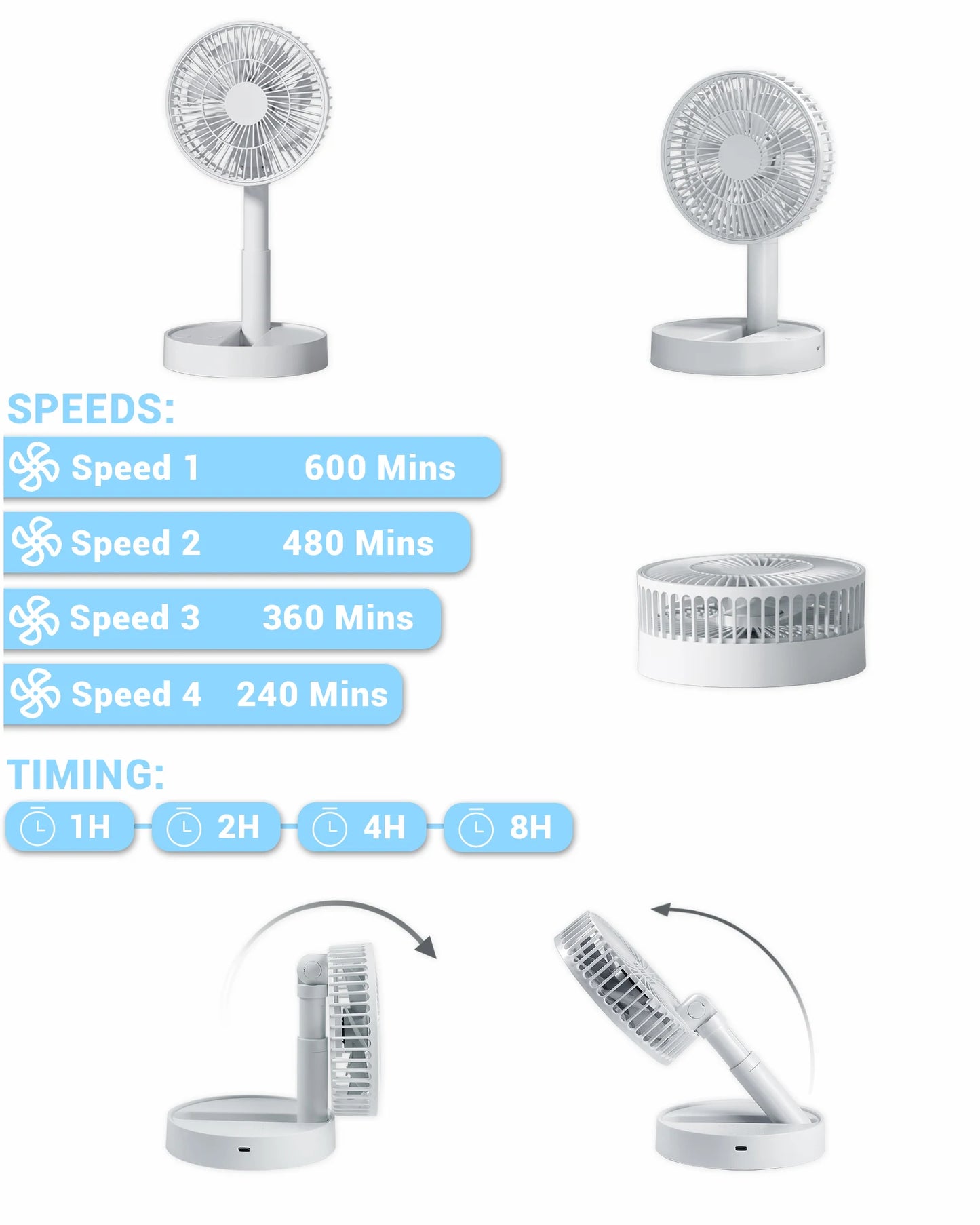 Purilite Select USB Foldable Mini Fan | 4 Speed Portable Table Fan | Battery Operated with Timer for Indoor & Outdoor Use