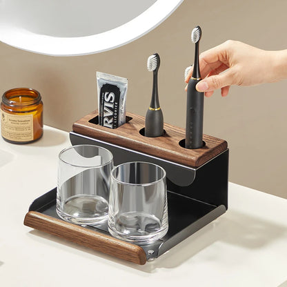 Purilite Select | Walnut Electric Toothbrush Holder | Bathroom Vanity Tooth Cup & Organizer