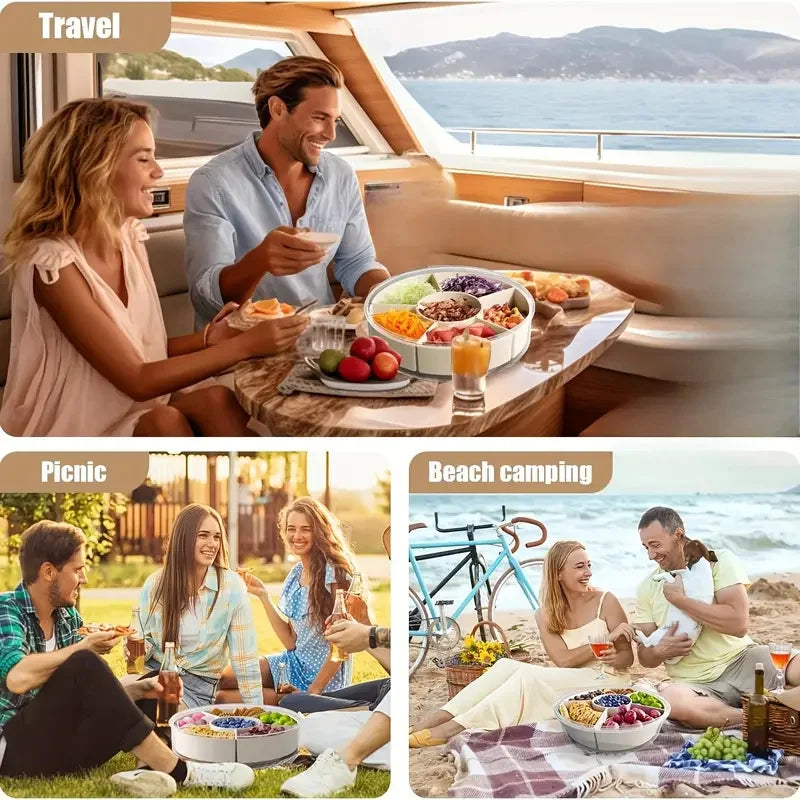 Purilite Select | Divided Rotating Serving Tray with Lid & Handle | Portable Snackle Box for Fruits Snacks Veggies & Charcuterie