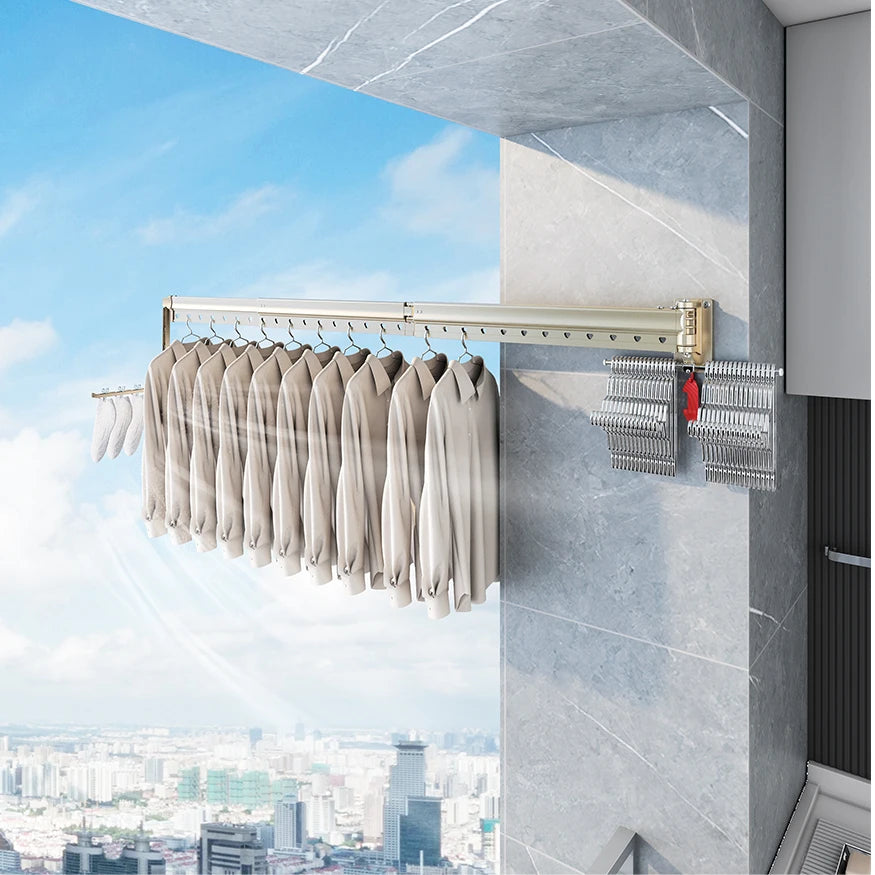 Purilite Select Foldable Wall Mounted Clothes Drying Rack | Aluminum Alloy Windproof Multi-Function Sweater & Clothing Organizer