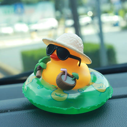 Purilite Select Tropical Rubber Duck Car Dashboard Ornament Set of 3 with Sunglasses and Coconut Float Decorative Interior Accessories