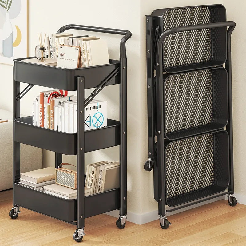 Purilite Select Carbon Steel Foldable 3-Tier Rolling Storage Cart Multi-Layer Floor Stand Organizer with Wheels