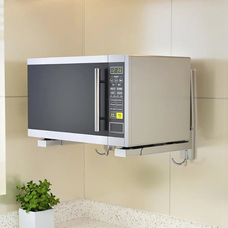 Purilite Select Foldable Stainless Steel Microwave & Oven Storage Rack | Telescopic Wall-Mounted Kitchen Organizer | Heavy-Duty Metal Holder