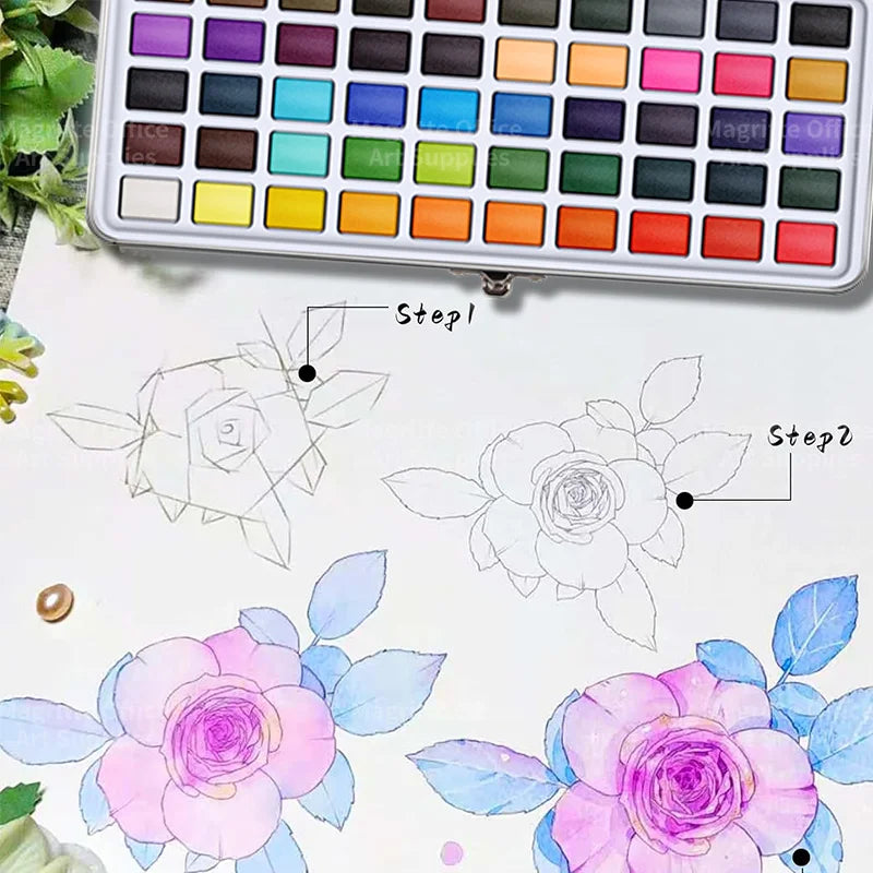 Purilite Select Watercolor Paint Set – 90 Bright Colors with Water Pens for Artists & Hobbyists