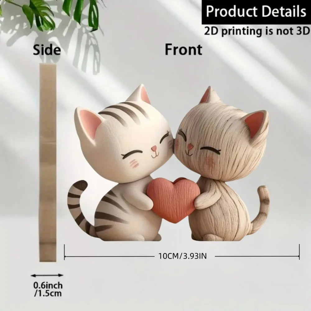 Wooden Kitten Couple Sculpture Charming 2D Flat Cat Enthusiast Gift Light and Dark Wood Grain Desktop Entrance Home Decoration