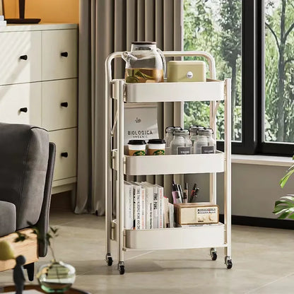 Purilite Select Carbon Steel Foldable 3-Tier Rolling Storage Cart Multi-Layer Floor Stand Organizer with Wheels